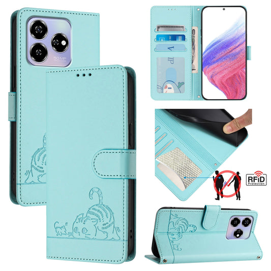 ZTE Blade V60 Leather Phone Case with Cat and Rat Embossed Pattern, RFID Protection, Card Holder Slots, Anti-fall Feature & Lanyard