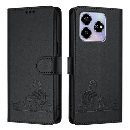 ZTE Blade V60 Leather Phone Case with Cat and Rat Embossed Pattern, RFID Protection, Card Holder Slots, Anti-fall Feature & Lanyard