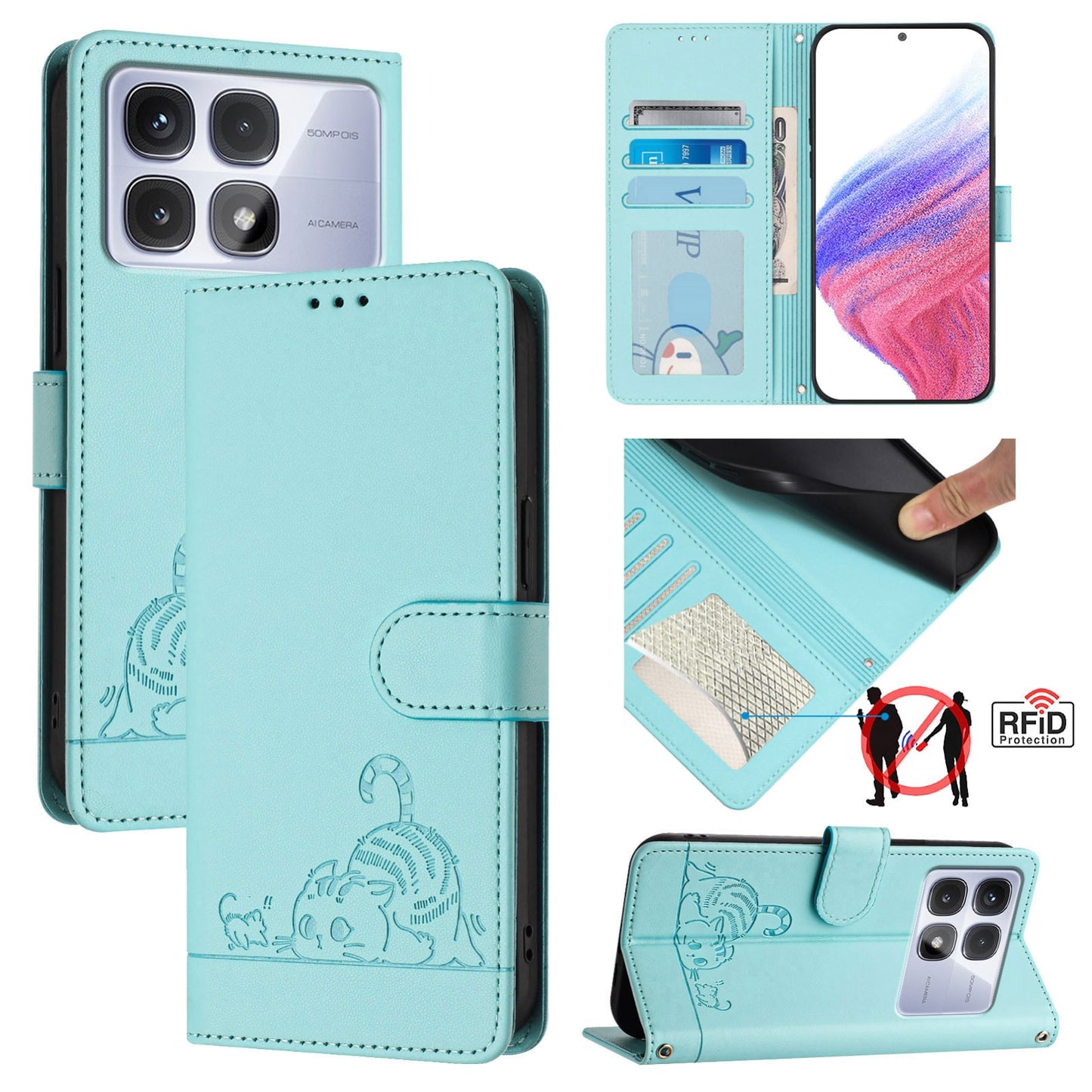 Redmi K70 Ultra 5G Global Leather Phone Case with Cat and Rat Embossed Pattern, RFID Protection, Card Holder Slots, Anti-fall Feature & Lanyard
