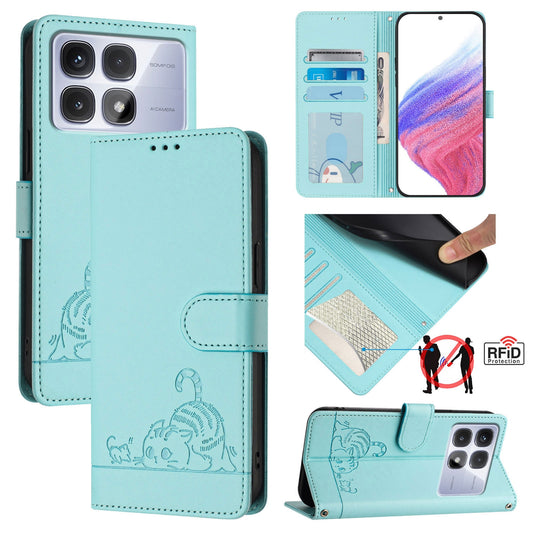 Redmi K70 Ultra 5G Global Leather Phone Case with Cat and Rat Embossed Pattern, RFID Protection, Card Holder Slots, Anti-fall Feature & Lanyard