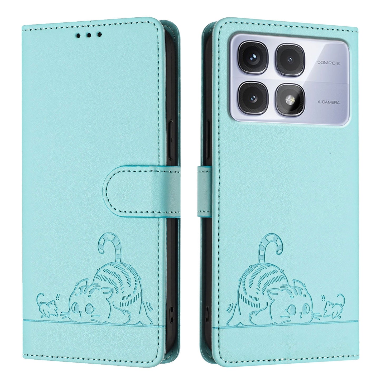 Redmi K70 Ultra 5G Global Leather Phone Case with Cat and Rat Embossed Pattern, RFID Protection, Card Holder Slots, Anti-fall Feature & Lanyard