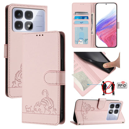 Redmi K70 Ultra 5G Global Leather Phone Case with Cat and Rat Embossed Pattern, RFID Protection, Card Holder Slots, Anti-fall Feature & Lanyard