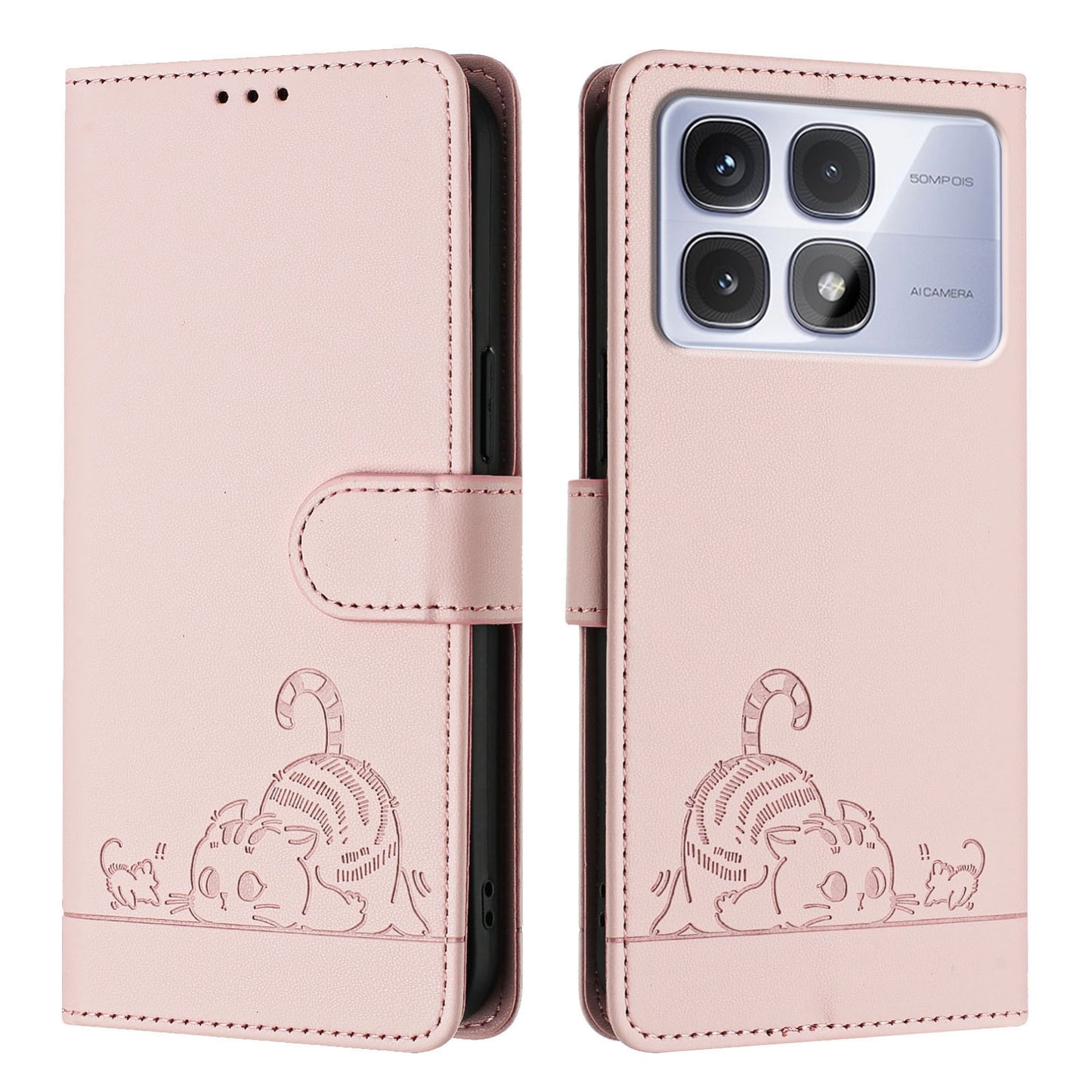 Redmi K70 Ultra 5G Global Leather Phone Case with Cat and Rat Embossed Pattern, RFID Protection, Card Holder Slots, Anti-fall Feature & Lanyard