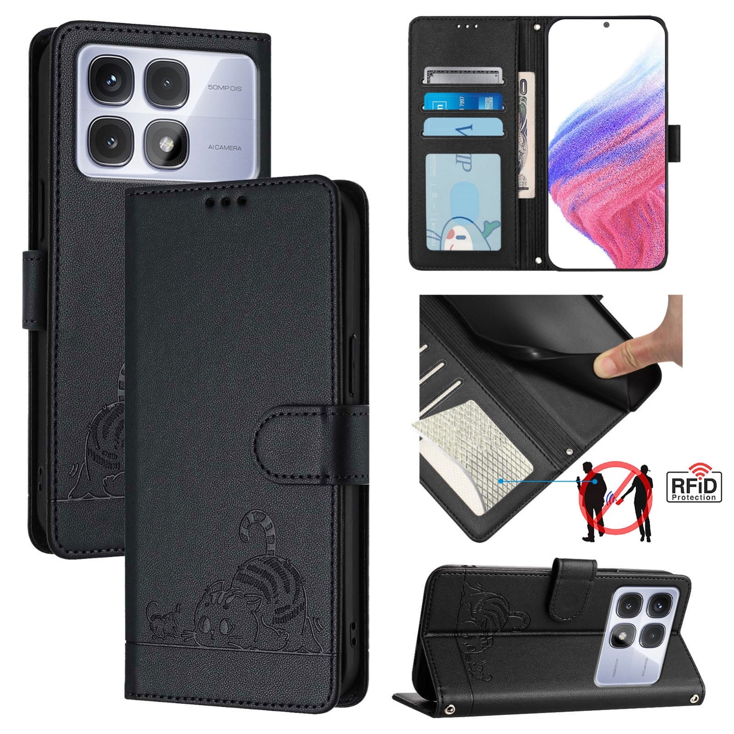 Redmi K70 Ultra 5G Global Leather Phone Case with Cat and Rat Embossed Pattern, RFID Protection, Card Holder Slots, Anti-fall Feature & Lanyard
