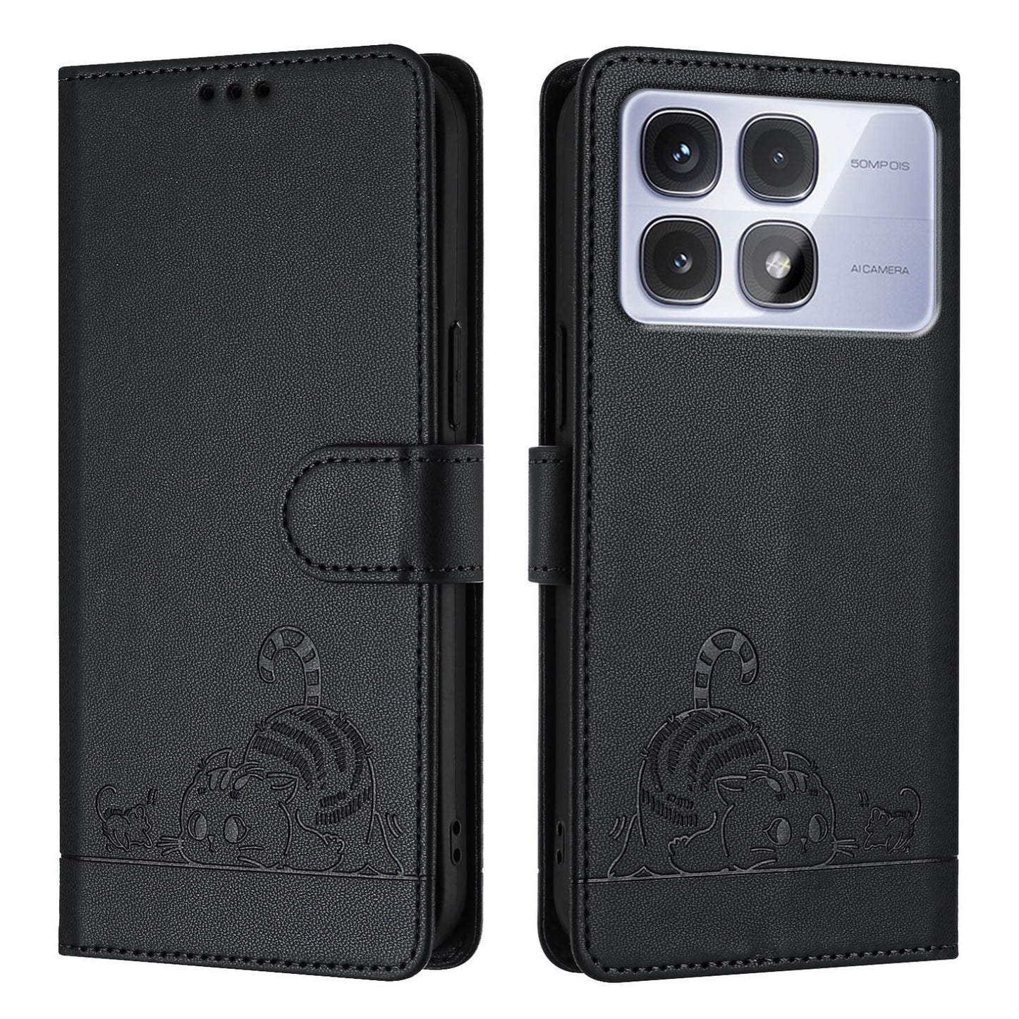 Redmi K70 Ultra 5G Global Leather Phone Case with Cat and Rat Embossed Pattern, RFID Protection, Card Holder Slots, Anti-fall Feature & Lanyard