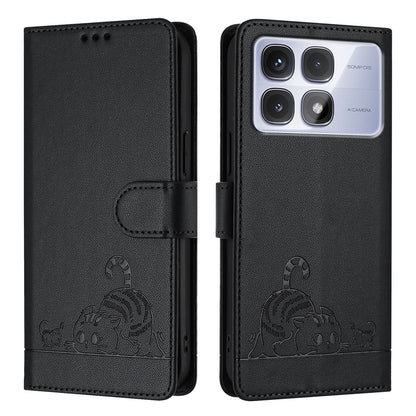 Redmi K70 Ultra 5G Global Leather Phone Case with Cat and Rat Embossed Pattern, RFID Protection, Card Holder Slots, Anti-fall Feature & Lanyard