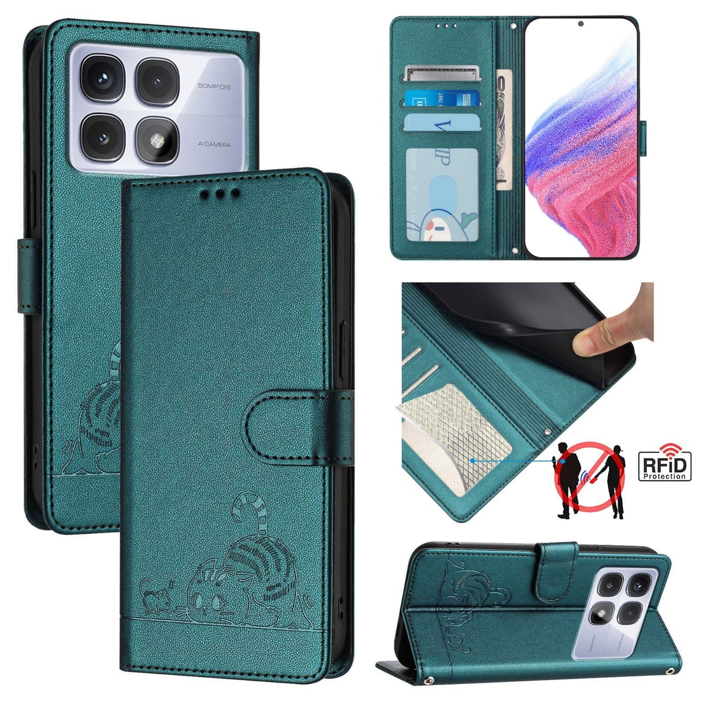 Redmi K70 Ultra 5G Global Leather Phone Case with Cat and Rat Embossed Pattern, RFID Protection, Card Holder Slots, Anti-fall Feature & Lanyard