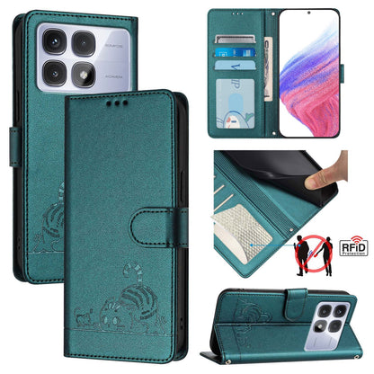 Redmi K70 Ultra 5G Global Leather Phone Case with Cat and Rat Embossed Pattern, RFID Protection, Card Holder Slots, Anti-fall Feature & Lanyard