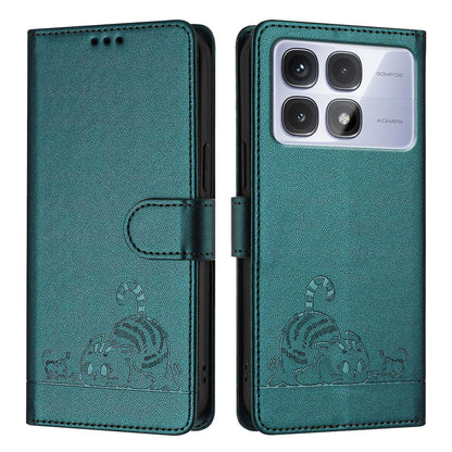 Redmi K70 Ultra 5G Global Leather Phone Case with Cat and Rat Embossed Pattern, RFID Protection, Card Holder Slots, Anti-fall Feature & Lanyard