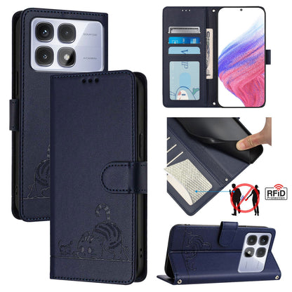 Redmi K70 Ultra 5G Global Leather Phone Case with Cat and Rat Embossed Pattern, RFID Protection, Card Holder Slots, Anti-fall Feature & Lanyard