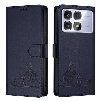 Redmi K70 Ultra 5G Global Leather Phone Case with Cat and Rat Embossed Pattern, RFID Protection, Card Holder Slots, Anti-fall Feature & Lanyard