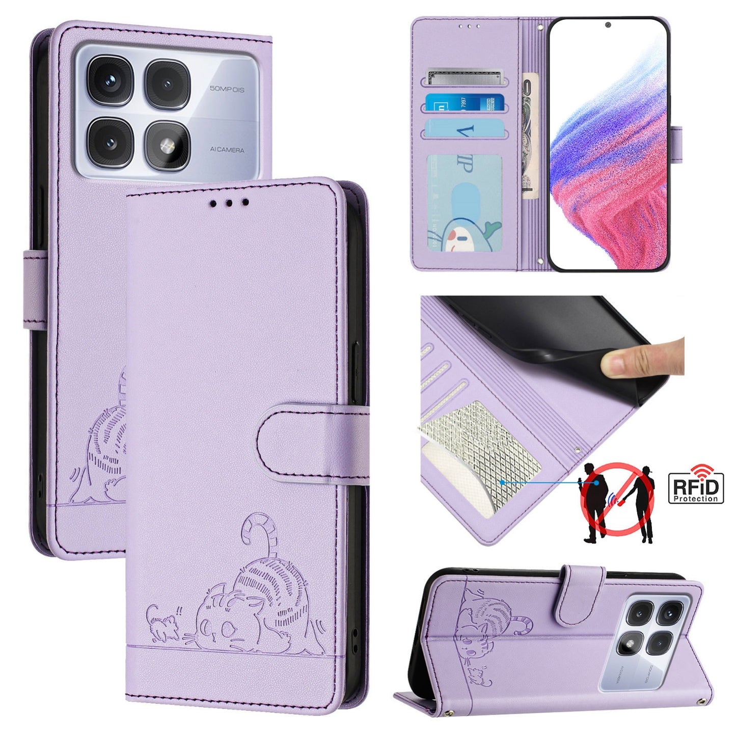 Redmi K70 Ultra 5G Global Leather Phone Case with Cat and Rat Embossed Pattern, RFID Protection, Card Holder Slots, Anti-fall Feature & Lanyard