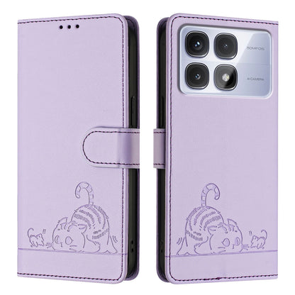 Redmi K70 Ultra 5G Global Leather Phone Case with Cat and Rat Embossed Pattern, RFID Protection, Card Holder Slots, Anti-fall Feature & Lanyard