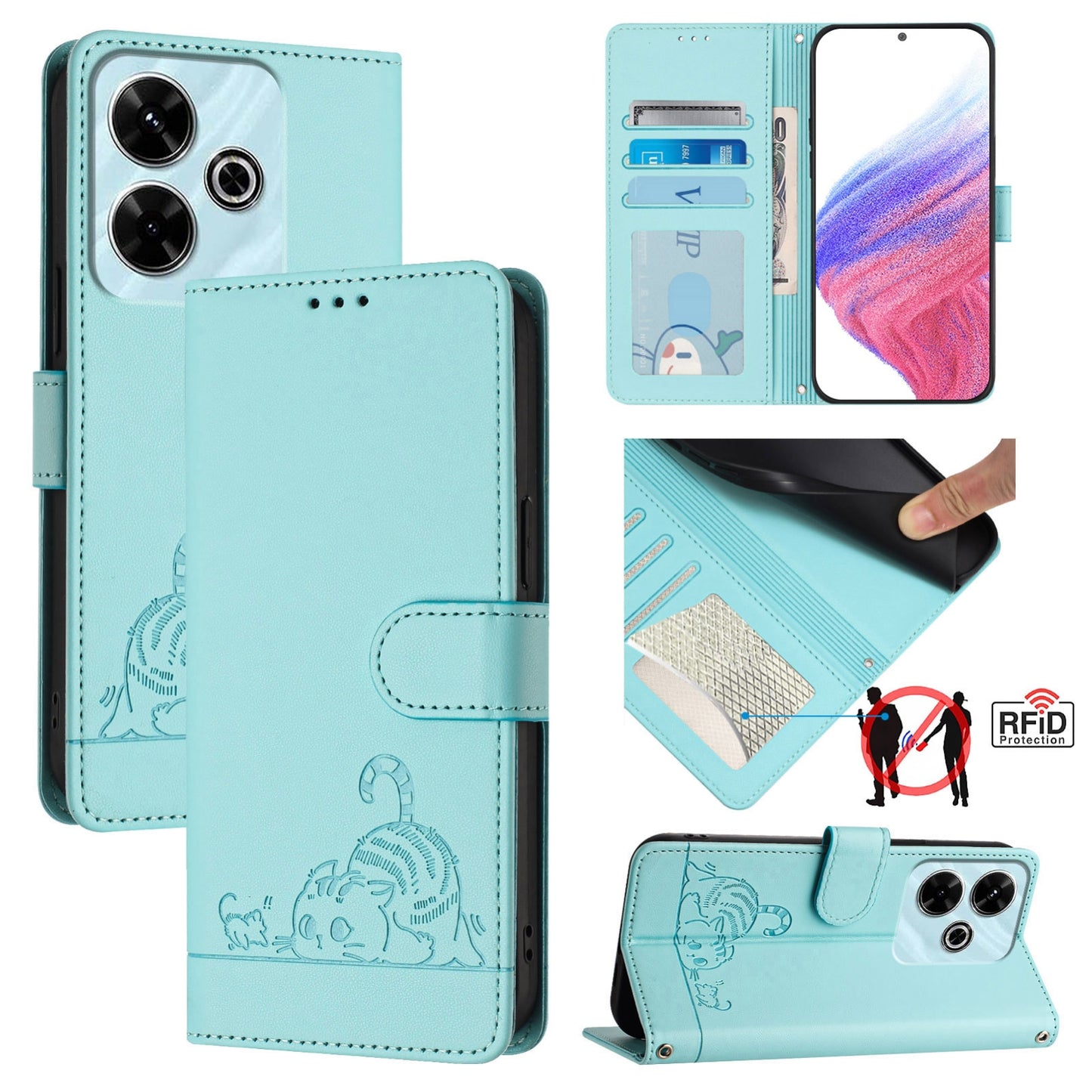 Redmi 13 4G Leather Phone Case with Cat and Rat Embossed Pattern, RFID Protection, Card Holder Slots, Anti-fall Feature & Lanyard
