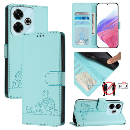 Redmi 13 4G Leather Phone Case with Cat and Rat Embossed Pattern, RFID Protection, Card Holder Slots, Anti-fall Feature & Lanyard