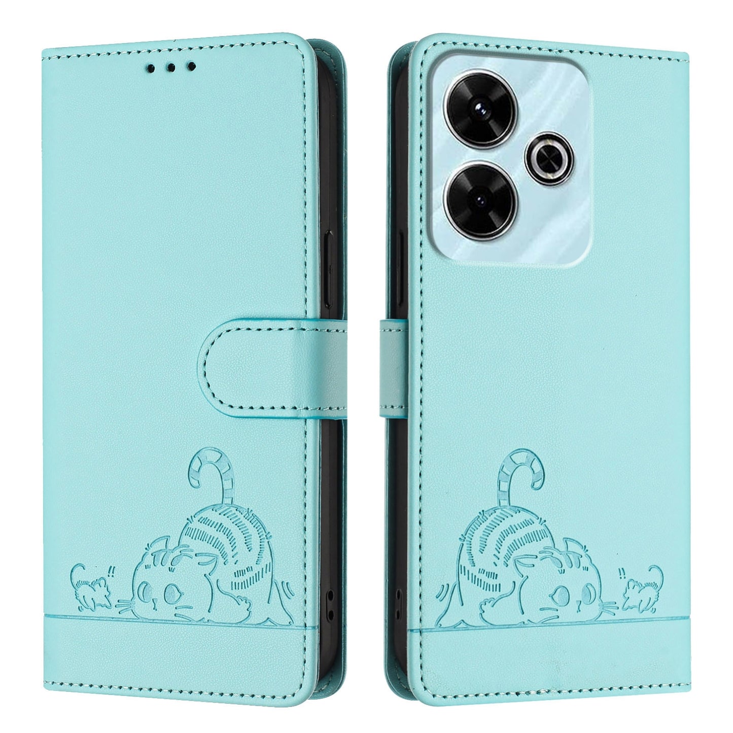 Redmi 13 4G Leather Phone Case with Cat and Rat Embossed Pattern, RFID Protection, Card Holder Slots, Anti-fall Feature & Lanyard