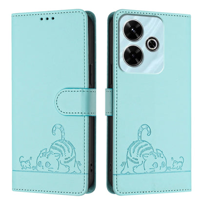 Redmi 13 4G Leather Phone Case with Cat and Rat Embossed Pattern, RFID Protection, Card Holder Slots, Anti-fall Feature & Lanyard