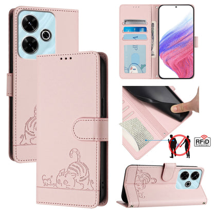 Redmi 13 4G Leather Phone Case with Cat and Rat Embossed Pattern, RFID Protection, Card Holder Slots, Anti-fall Feature & Lanyard
