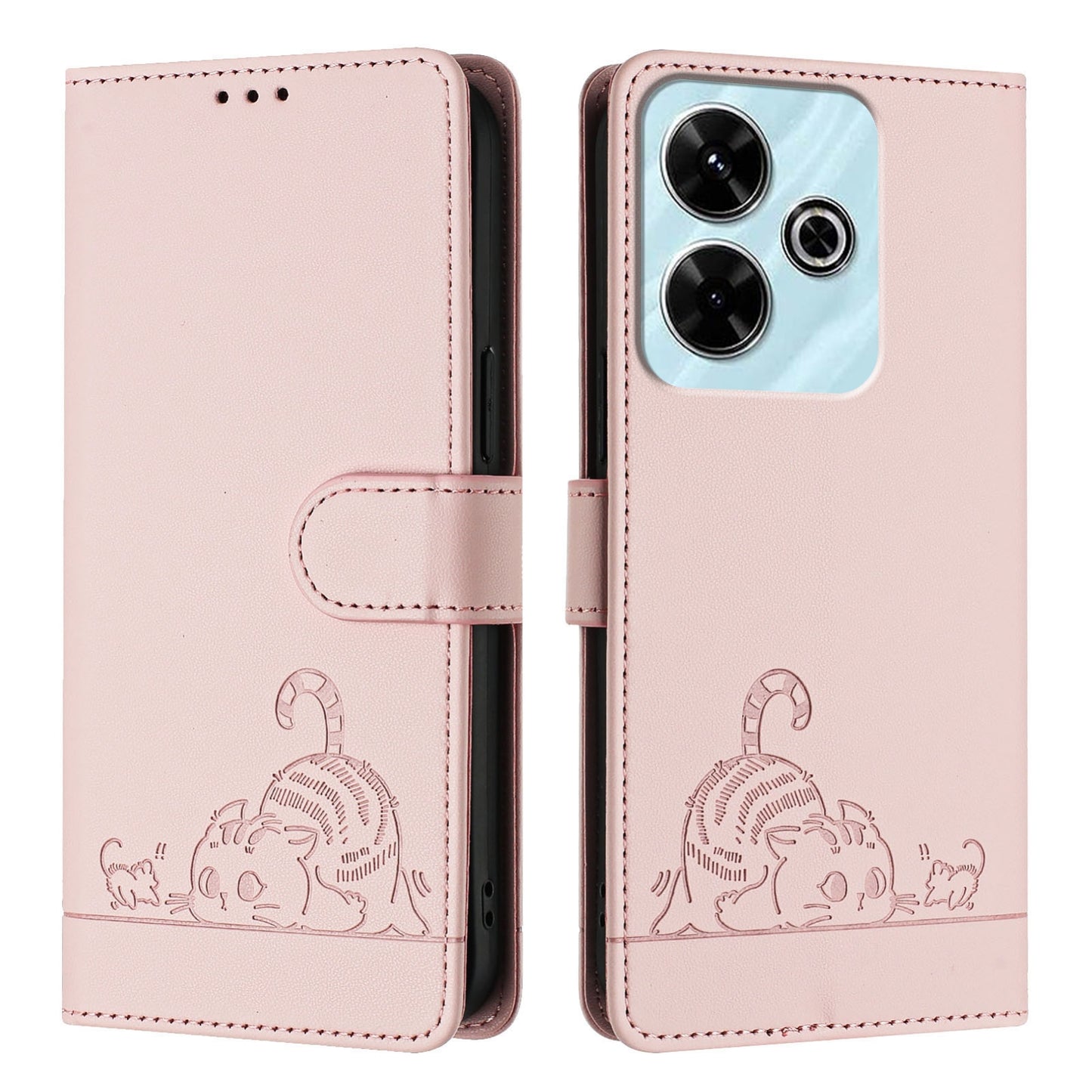 Redmi 13 4G Leather Phone Case with Cat and Rat Embossed Pattern, RFID Protection, Card Holder Slots, Anti-fall Feature & Lanyard