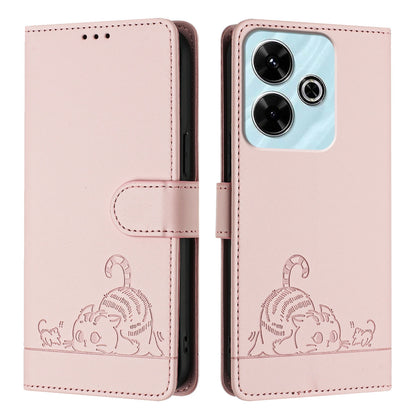 Redmi 13 4G Leather Phone Case with Cat and Rat Embossed Pattern, RFID Protection, Card Holder Slots, Anti-fall Feature & Lanyard