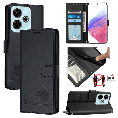Redmi 13 4G Leather Phone Case with Cat and Rat Embossed Pattern, RFID Protection, Card Holder Slots, Anti-fall Feature & Lanyard