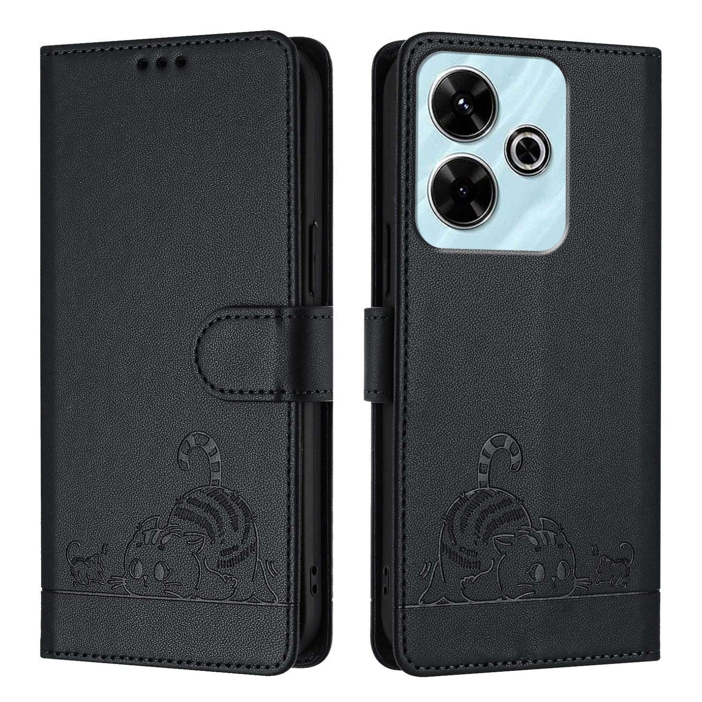 Redmi 13 4G Leather Phone Case with Cat and Rat Embossed Pattern, RFID Protection, Card Holder Slots, Anti-fall Feature & Lanyard