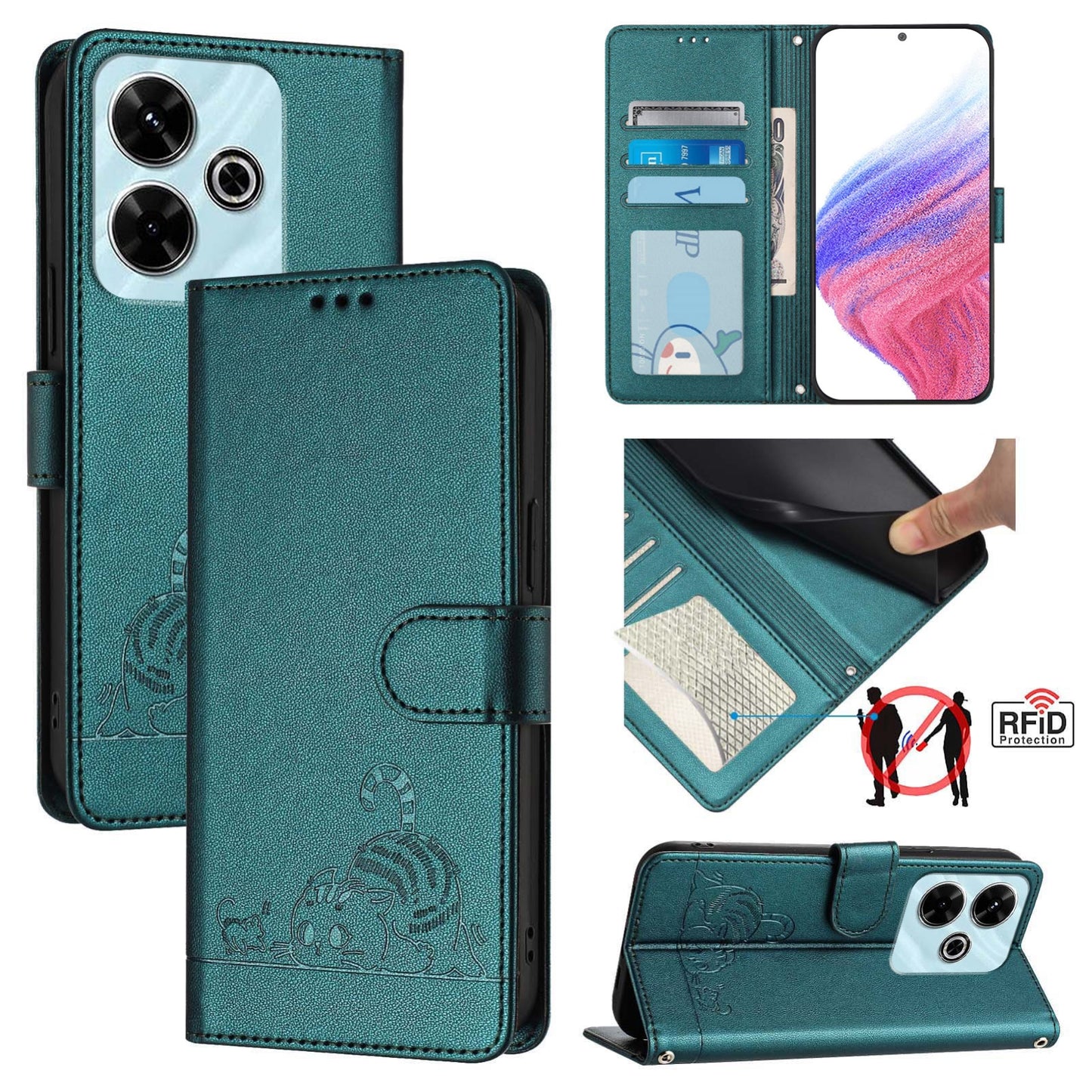 Redmi 13 4G Leather Phone Case with Cat and Rat Embossed Pattern, RFID Protection, Card Holder Slots, Anti-fall Feature & Lanyard