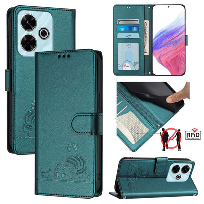 Redmi 13 4G Leather Phone Case with Cat and Rat Embossed Pattern, RFID Protection, Card Holder Slots, Anti-fall Feature & Lanyard