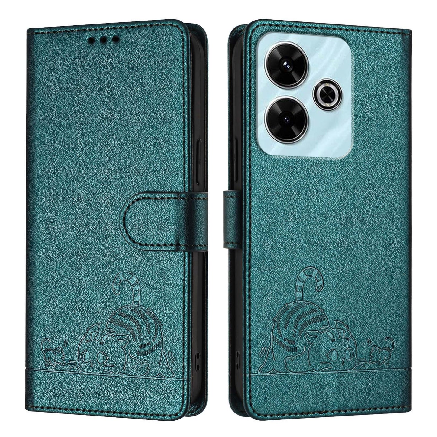 Redmi 13 4G Leather Phone Case with Cat and Rat Embossed Pattern, RFID Protection, Card Holder Slots, Anti-fall Feature & Lanyard
