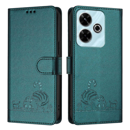 Redmi 13 4G Leather Phone Case with Cat and Rat Embossed Pattern, RFID Protection, Card Holder Slots, Anti-fall Feature & Lanyard