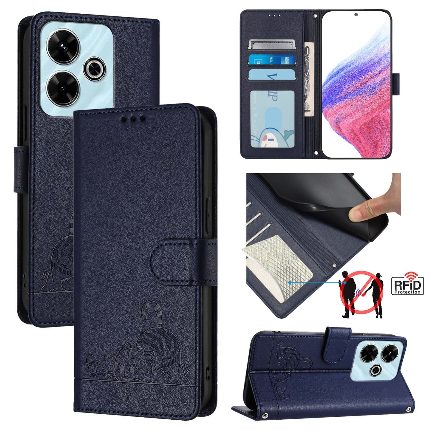 Redmi 13 4G Leather Phone Case with Cat and Rat Embossed Pattern, RFID Protection, Card Holder Slots, Anti-fall Feature & Lanyard