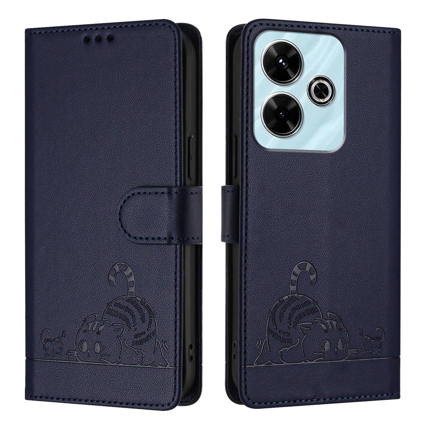 Redmi 13 4G Leather Phone Case with Cat and Rat Embossed Pattern, RFID Protection, Card Holder Slots, Anti-fall Feature & Lanyard