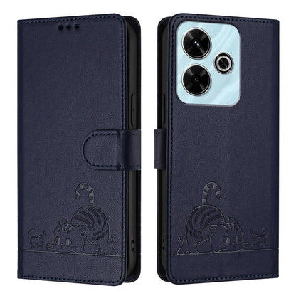 Redmi 13 4G Leather Phone Case with Cat and Rat Embossed Pattern, RFID Protection, Card Holder Slots, Anti-fall Feature & Lanyard