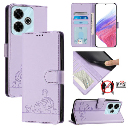 Redmi 13 4G Leather Phone Case with Cat and Rat Embossed Pattern, RFID Protection, Card Holder Slots, Anti-fall Feature & Lanyard