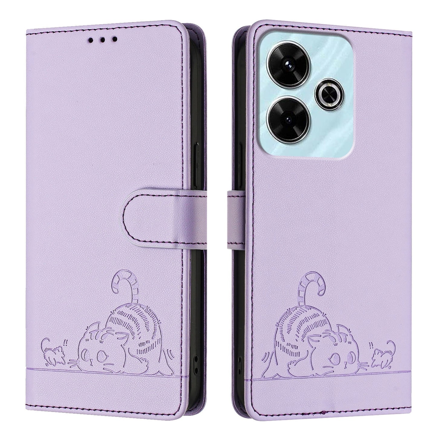 Redmi 13 4G Leather Phone Case with Cat and Rat Embossed Pattern, RFID Protection, Card Holder Slots, Anti-fall Feature & Lanyard