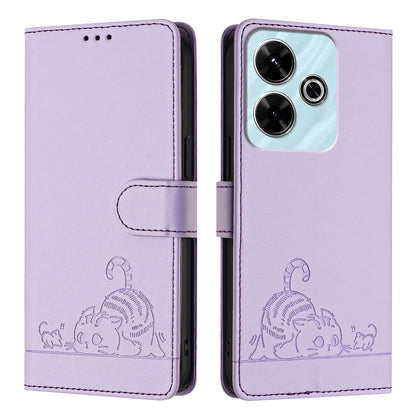 Redmi 13 4G Leather Phone Case with Cat and Rat Embossed Pattern, RFID Protection, Card Holder Slots, Anti-fall Feature & Lanyard