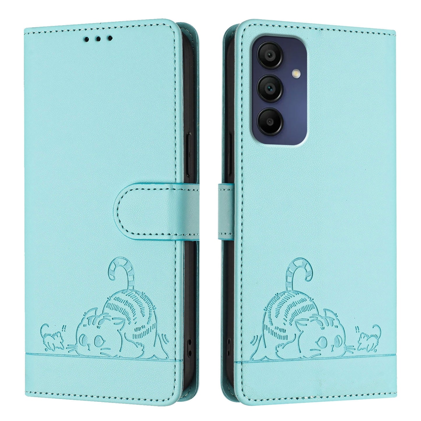 Samsung Galaxy A16 5G Leather Phone Case with Cat and Rat Embossed Pattern, RFID Protection, Card Holder Slots, Anti-fall Feature & Lanyard