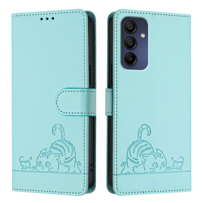 Samsung Galaxy A16 5G Leather Phone Case with Cat and Rat Embossed Pattern, RFID Protection, Card Holder Slots, Anti-fall Feature & Lanyard