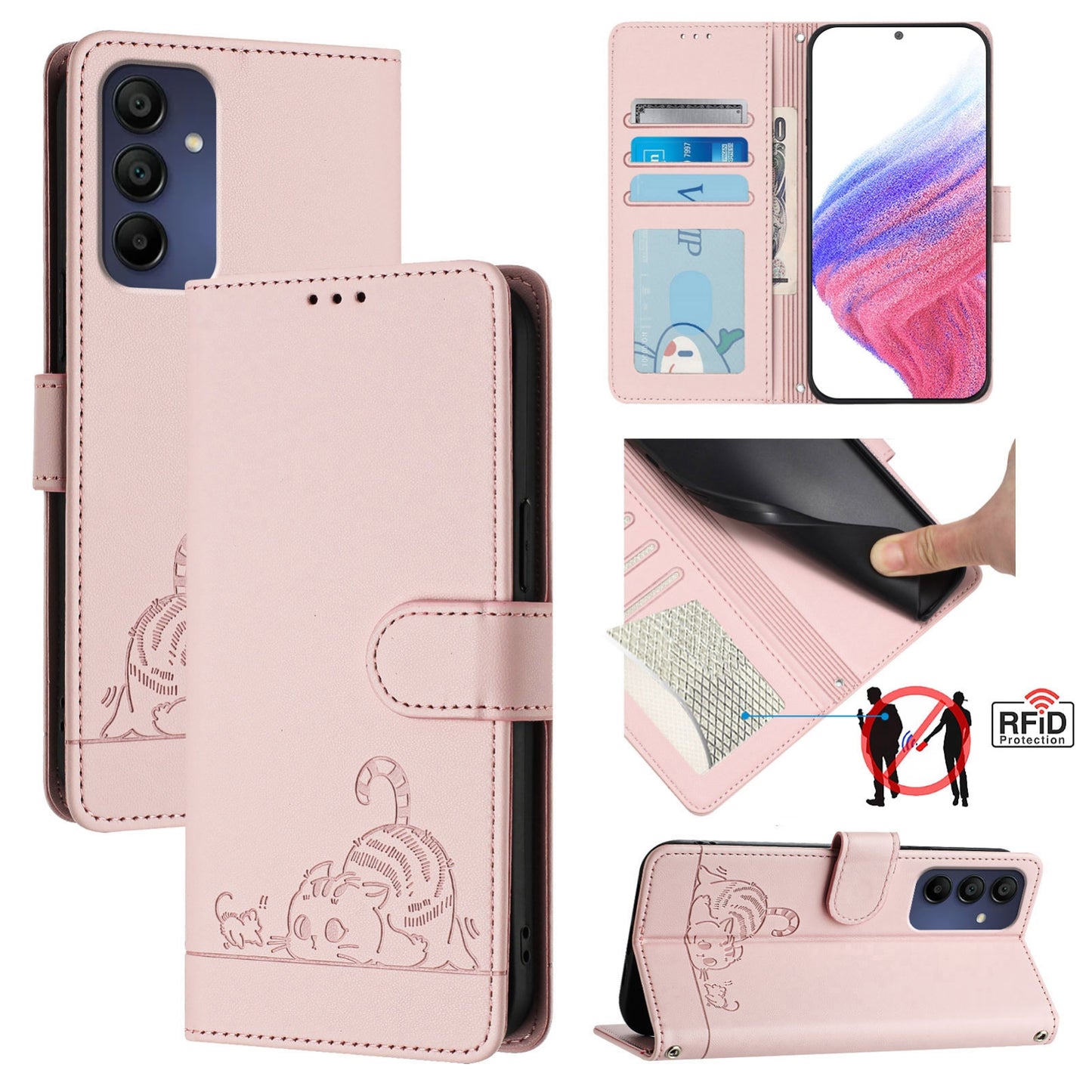 Samsung Galaxy A16 5G Leather Phone Case with Cat and Rat Embossed Pattern, RFID Protection, Card Holder Slots, Anti-fall Feature & Lanyard