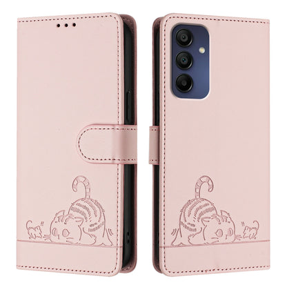 Samsung Galaxy A16 5G Leather Phone Case with Cat and Rat Embossed Pattern, RFID Protection, Card Holder Slots, Anti-fall Feature & Lanyard