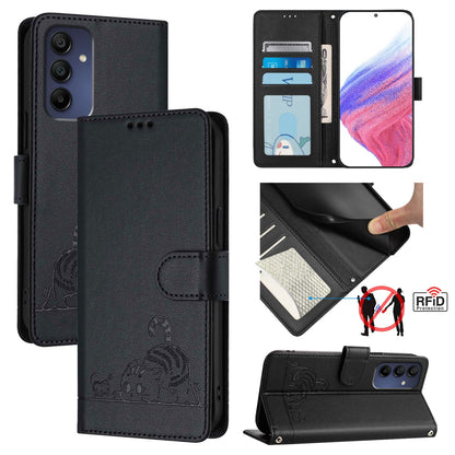 Samsung Galaxy A16 5G Leather Phone Case with Cat and Rat Embossed Pattern, RFID Protection, Card Holder Slots, Anti-fall Feature & Lanyard