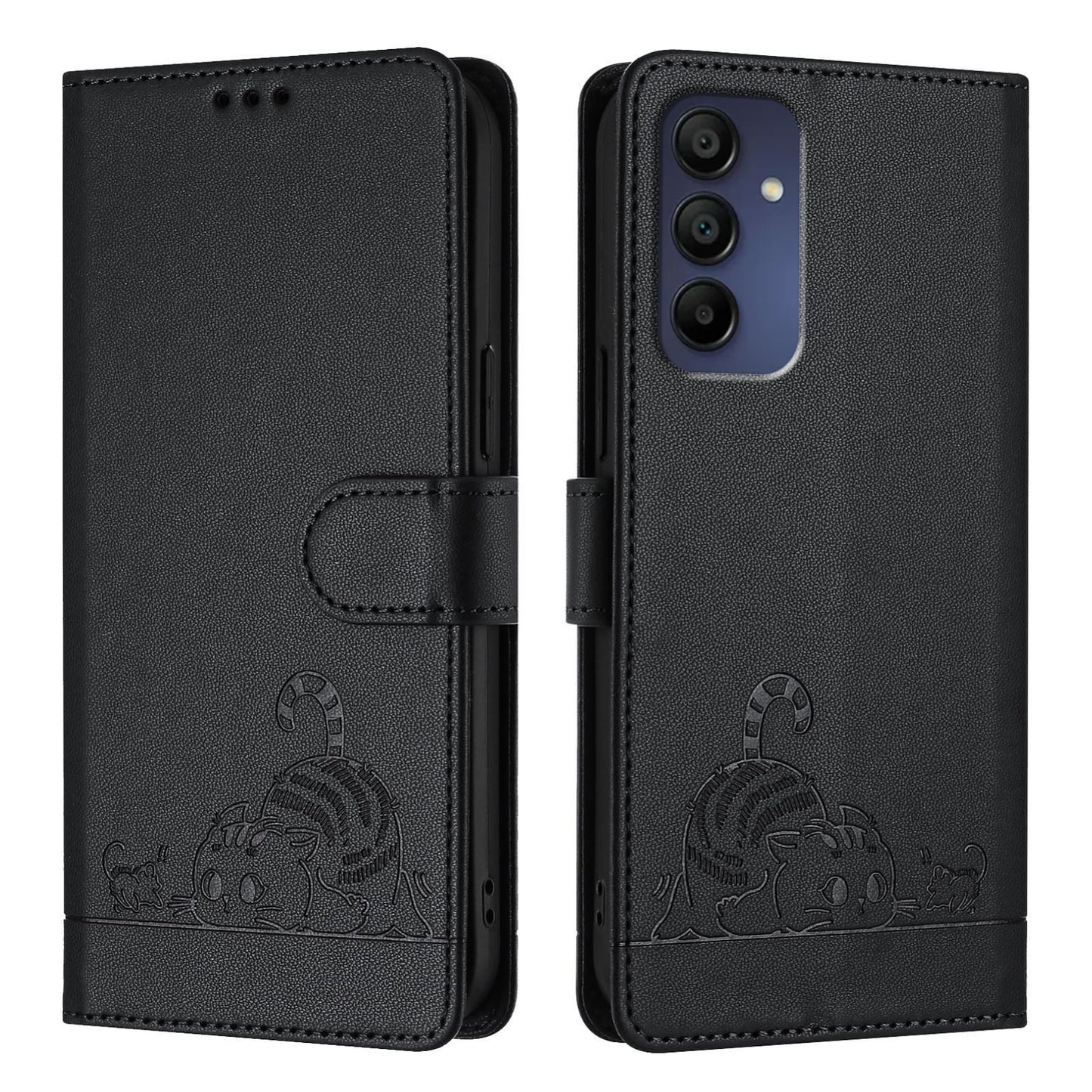 Samsung Galaxy A16 5G Leather Phone Case with Cat and Rat Embossed Pattern, RFID Protection, Card Holder Slots, Anti-fall Feature & Lanyard