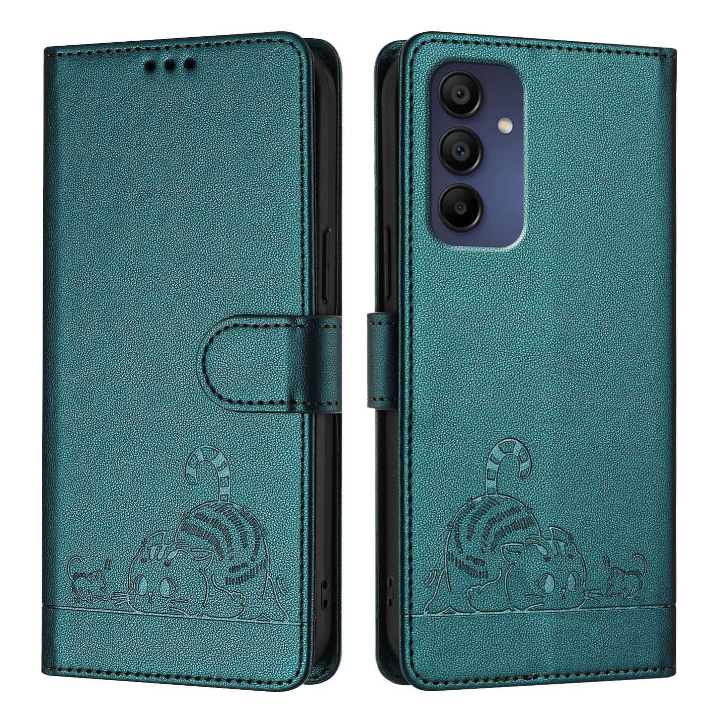Samsung Galaxy A16 5G Leather Phone Case with Cat and Rat Embossed Pattern, RFID Protection, Card Holder Slots, Anti-fall Feature & Lanyard