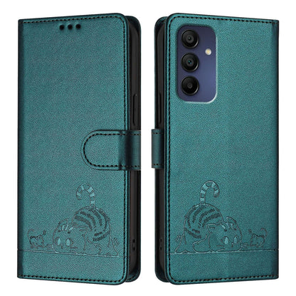 Samsung Galaxy A16 5G Leather Phone Case with Cat and Rat Embossed Pattern, RFID Protection, Card Holder Slots, Anti-fall Feature & Lanyard