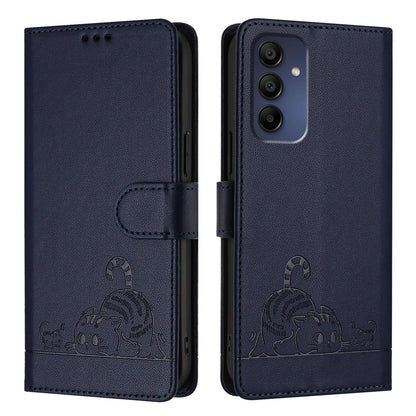 Samsung Galaxy A16 5G Leather Phone Case with Cat and Rat Embossed Pattern, RFID Protection, Card Holder Slots, Anti-fall Feature & Lanyard