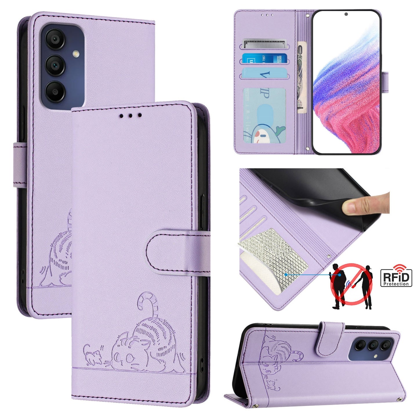 Samsung Galaxy A16 5G Leather Phone Case with Cat and Rat Embossed Pattern, RFID Protection, Card Holder Slots, Anti-fall Feature & Lanyard