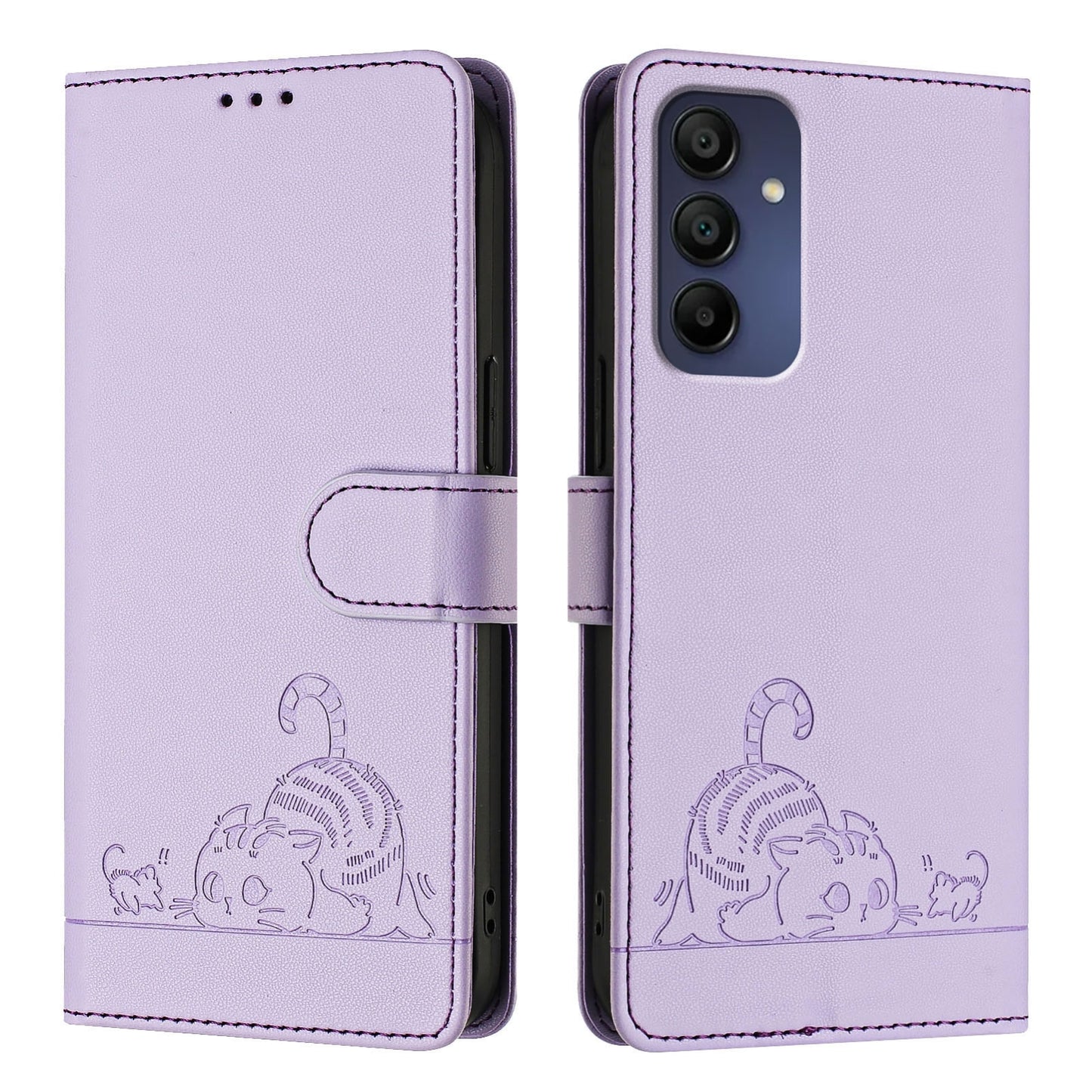 Samsung Galaxy A16 5G Leather Phone Case with Cat and Rat Embossed Pattern, RFID Protection, Card Holder Slots, Anti-fall Feature & Lanyard