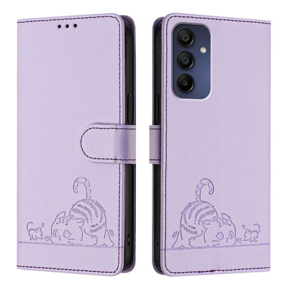 Samsung Galaxy A16 5G Leather Phone Case with Cat and Rat Embossed Pattern, RFID Protection, Card Holder Slots, Anti-fall Feature & Lanyard