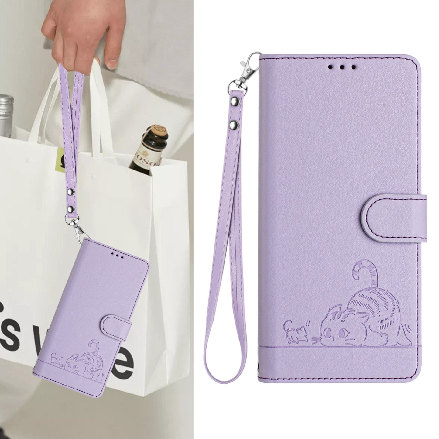 Samsung Galaxy A16 5G Leather Phone Case with Cat and Rat Embossed Pattern, RFID Protection, Card Holder Slots, Anti-fall Feature & Lanyard