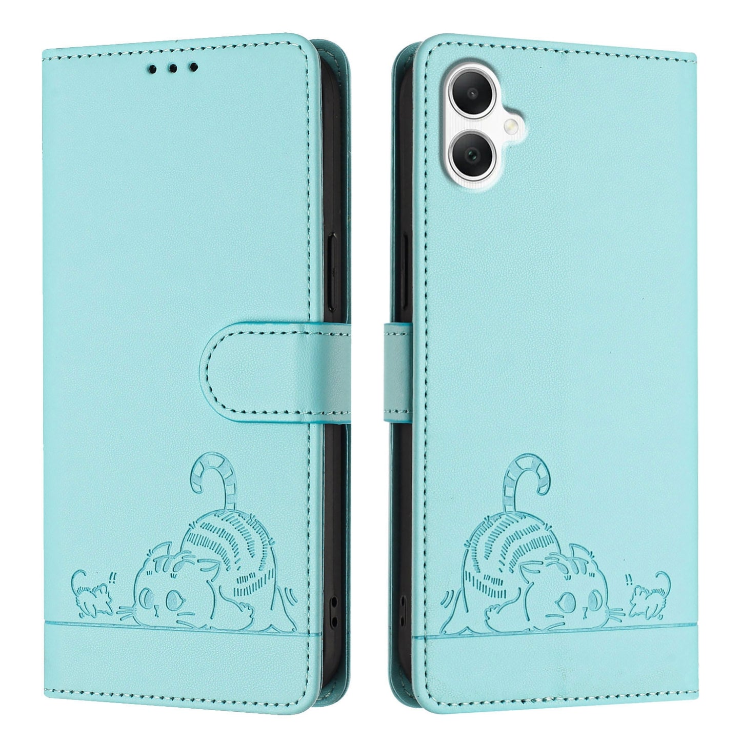 Samsung Galaxy A06 4G Leather Phone Case with Cat and Rat Embossed Pattern, RFID Protection, Card Holder Slots, Anti-fall Feature & Lanyard